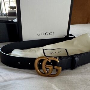 Gucci Black Leather Belt with Gold Interlocking GG Buckle